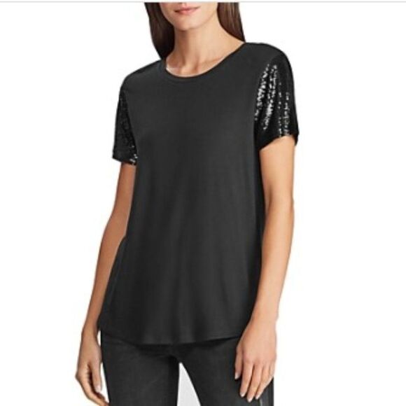 Ralph Lauren Tops - Ralph Lauren Womens Black Sequined Short Sleeve Jewel Neck T-Shirt Top Size L